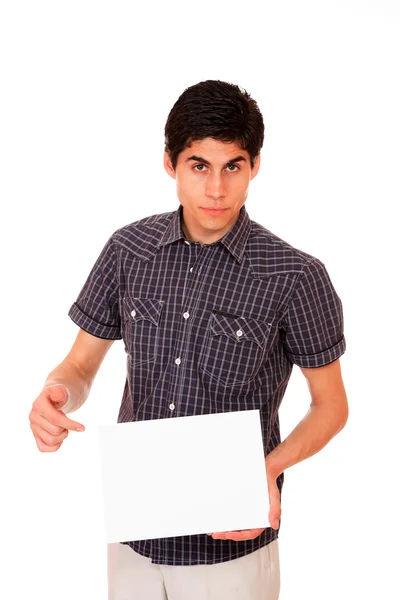 Молодий випадковий чоловік тримає білий знак — стокове фото