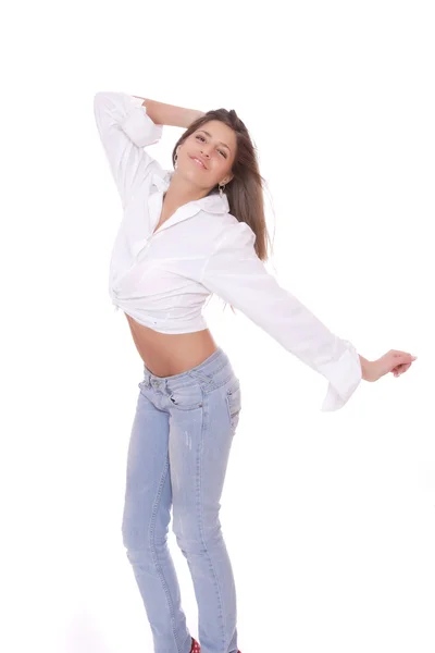 Piękna młoda kobieta w dżinsach — Zdjęcie stockowe