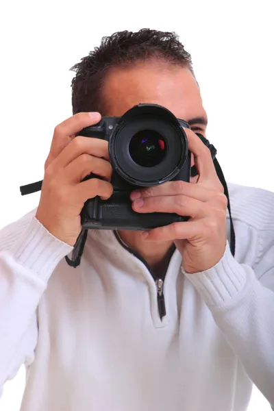Porträt eines männlichen Fotografen mit Kameras — Stockfoto