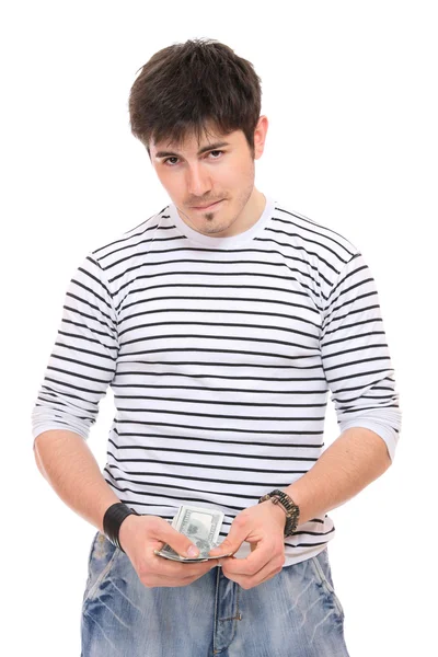 Příležitostné chlap drží dolarů účty — Stock fotografie
