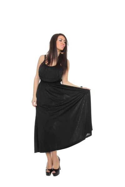 Menina muito sexy comprimento total posando em um vestido preto agradável — Fotografia de Stock