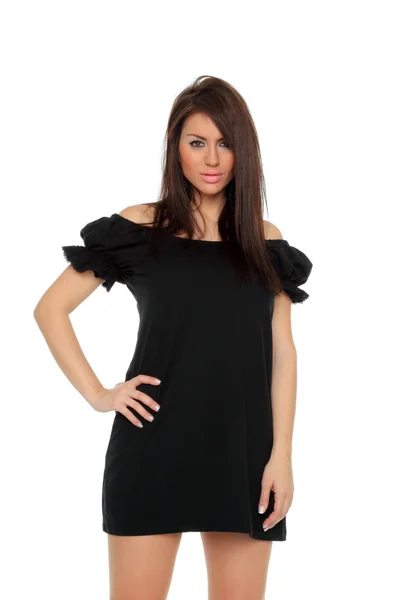 非常にセクシーな女の子素敵な黒のドレスでポーズを完全な長さ — ストック写真
