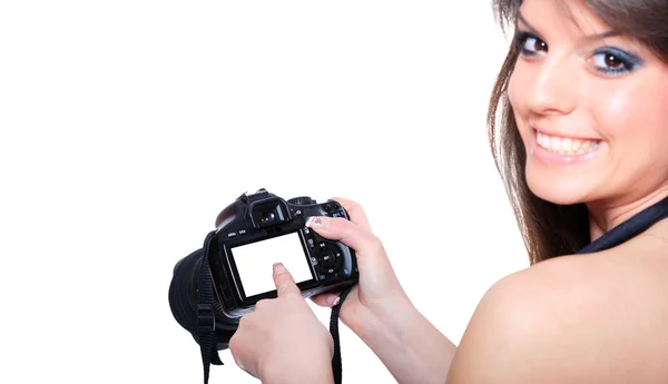 Mulher com câmera DSLR — Fotografia de Stock