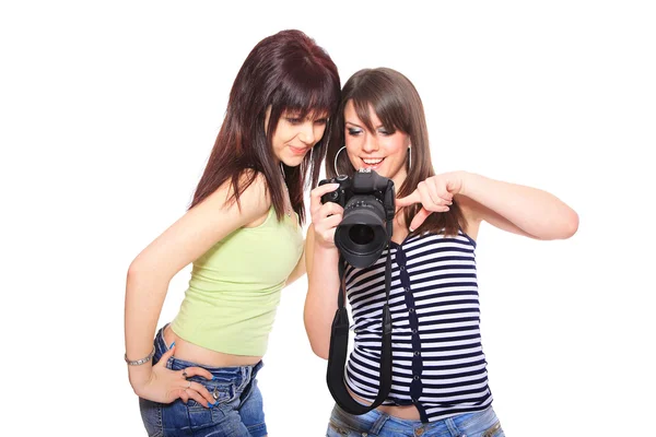 Two lovely friends with a camera — Stock Photo, Image