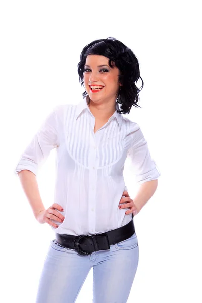 Lachende jonge vrouw dragen een wit overhemd — Stockfoto