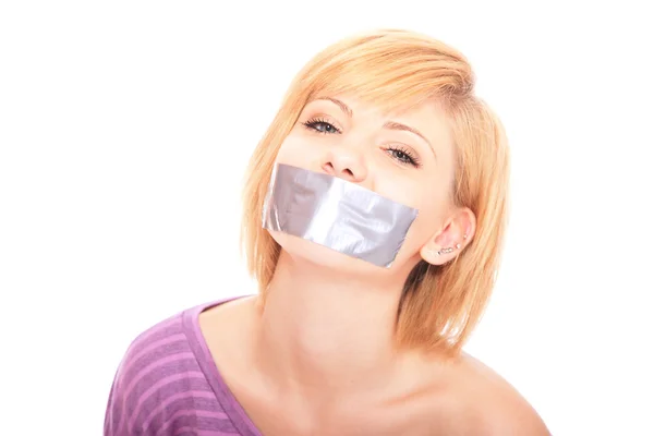 stock image Beautiful woman with tape on mouth