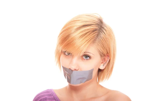 Hermosa mujer con cinta en la boca —  Fotos de Stock