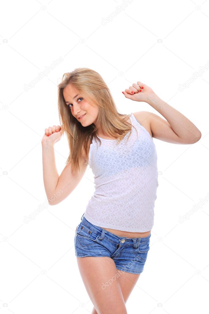 Young woman in jeans shorts