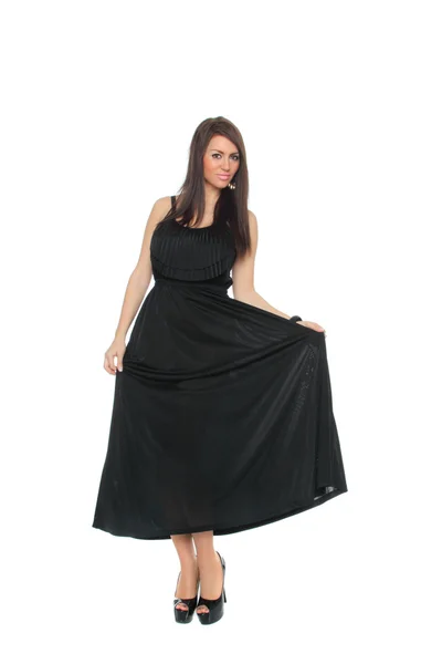 Bastante sexy chica de longitud completa posando en un bonito vestido negro —  Fotos de Stock