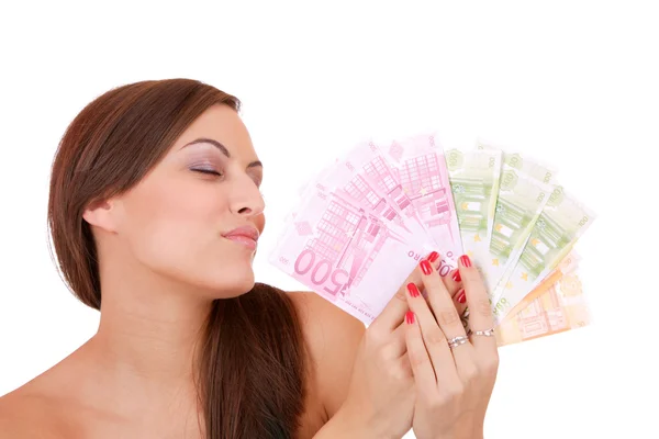 Mujer feliz con grupo de billetes de euro aislado . —  Fotos de Stock