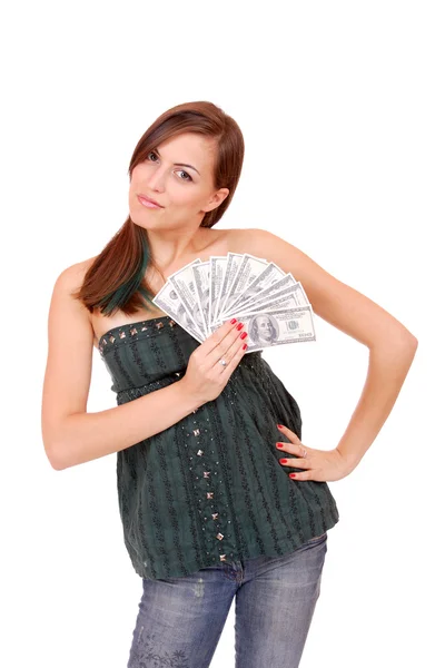Mulher atraente leva muitas notas de 100 dólares — Fotografia de Stock