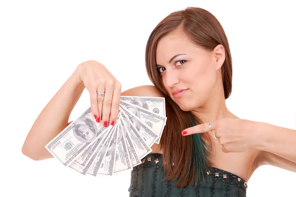 Atractiva mujer toma mucho de billetes de 100 dólares — Foto de Stock