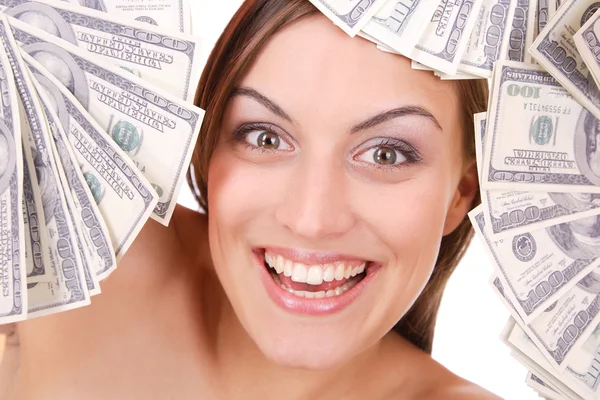 Attractive woman takes lot of 100 dollar bills — Stock Photo, Image