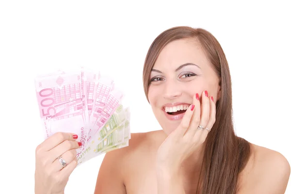 Mujer feliz con grupo de billetes de euro aislado . —  Fotos de Stock