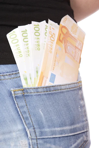Счастливая женщина с группой банкнот евро изолированы . — стоковое фото
