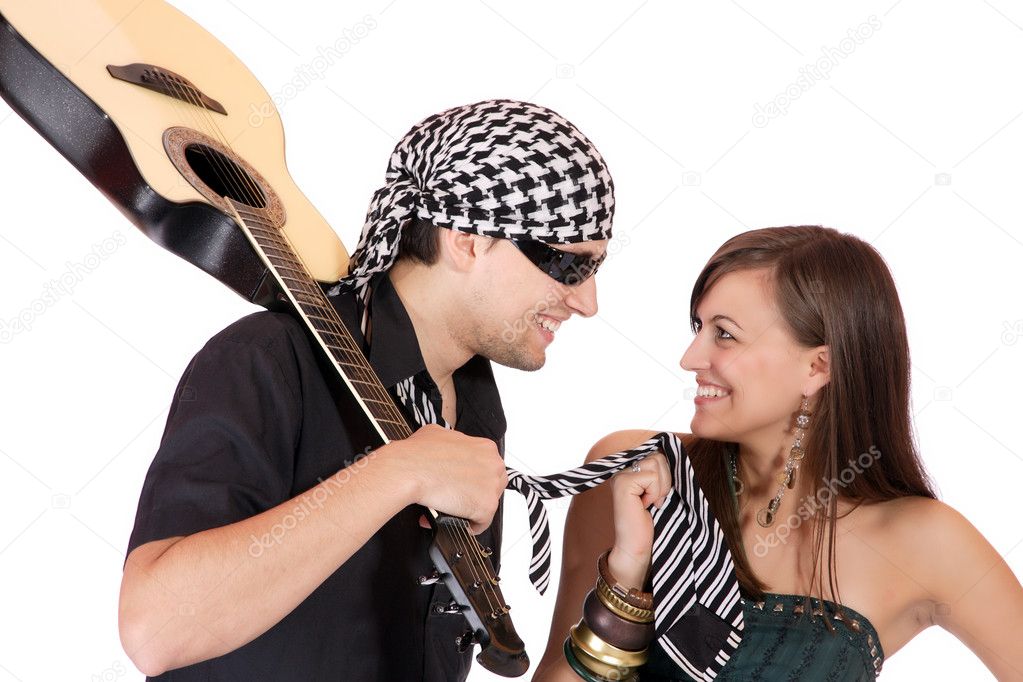 Handsome young male and female musicians, performers with guitar