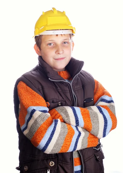 Boy wearing yellow protective helmet — Stock Photo, Image