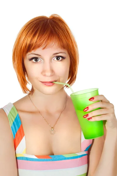 Красная женщина с напитком — стоковое фото