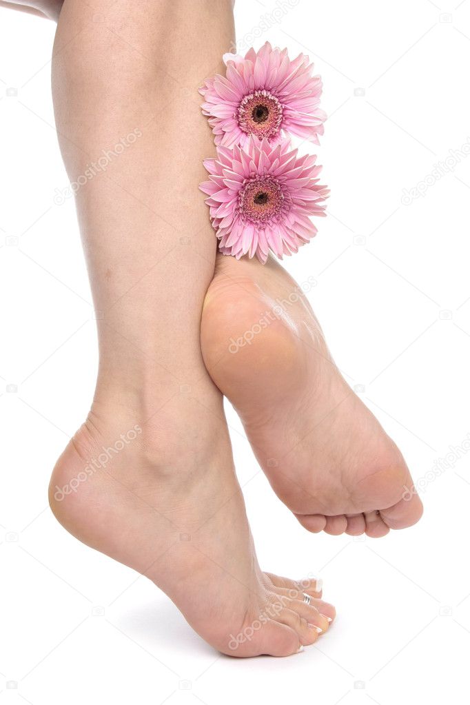 Female feet with flowers isolated over white background