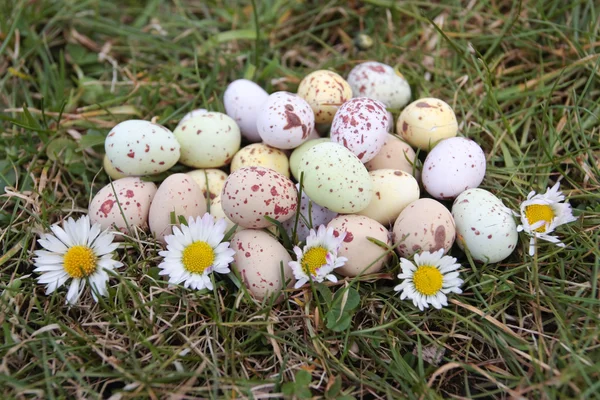 Easter eggs decorations outdoors on grass — Stock Photo, Image