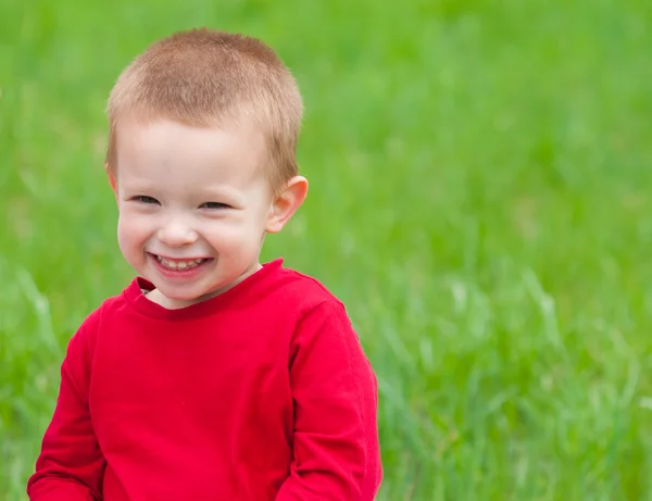 Ładny chłopczyk z piękny uśmiech odgrywa w trawie — Zdjęcie stockowe