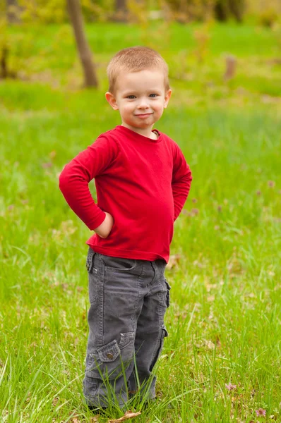 Bonito menino sorridente de pé no meio do prado no belo dia de primavera — Fotografia de Stock