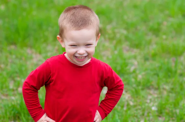 Niedlich lächelnder kleiner Junge, der an einem schönen Frühlingstag mitten auf der Wiese steht — Stockfoto