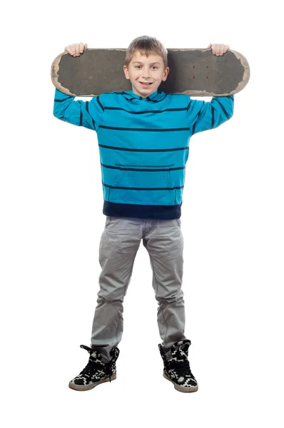 Handsome smiling teenage boy with skateboard isolated on white — Stock Photo, Image