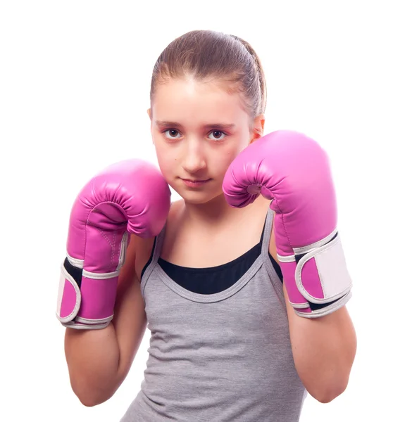 stock image Portrait of pretty kick boxing girl with pink gloves