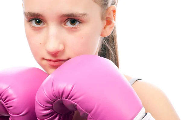 Portrait of pretty kick boxing girl with pink gloves — Stock Photo, Image