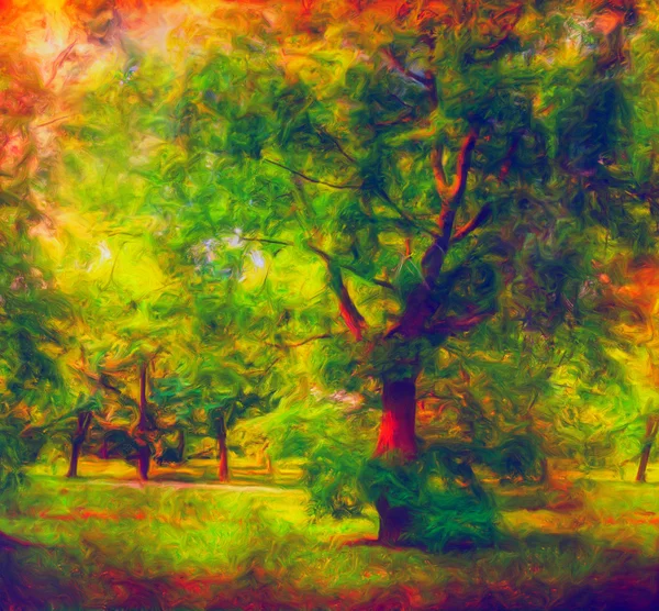 Landscape painting showing colorful forest on sunny summer day