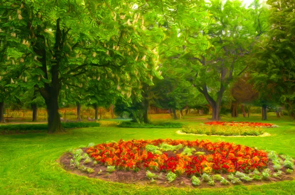 Landscape painting showing beautiful park with flower garden
