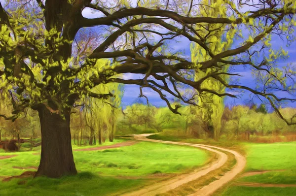 Landscape painting showing road that leads to the river