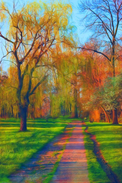 Landscape painting of the park and road