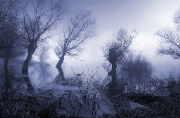 Тёмная пейзажная картина, изображающая деревья в туманном болоте

