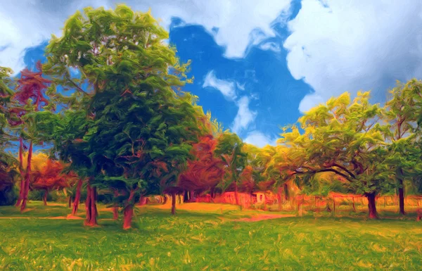 Landscape painting showing colorful park or forest on cloudy day