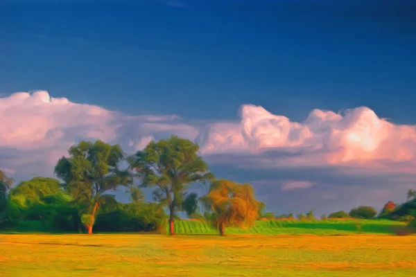 Landscape painting showing trees and the meadow on sunny summer day