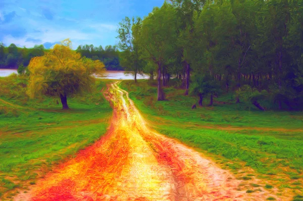 Landscape painting showing road that leads to the river shore