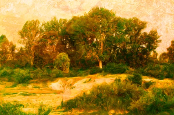 Landscape painting showing forest and eroded land in front of it