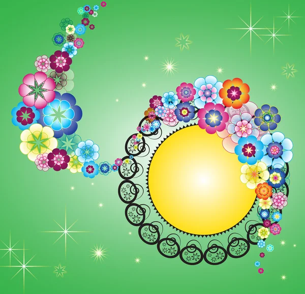 stock image Colorful flowers on green background surrounding elegant circular frame