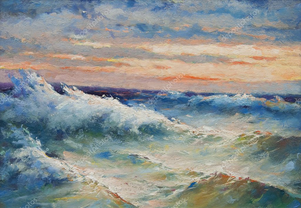 Oil painting showing huge sea waves during the storm — Stock Photo ...