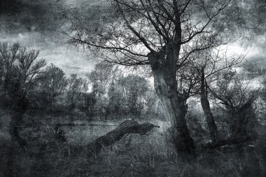 Creepy art grunge landscape in black and white clipart