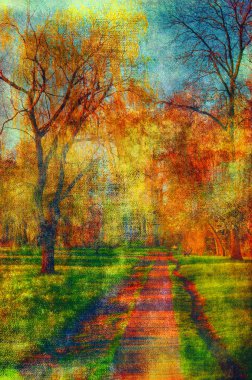 Art grunge landscape showing walkway through the park clipart