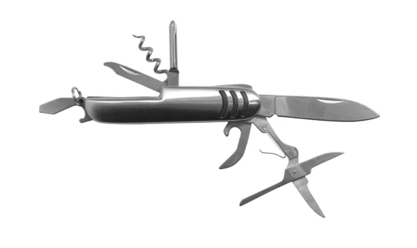 Błyszczący srebrny szwajcarski nóż mnóstwo narzędzi — Zdjęcie stockowe