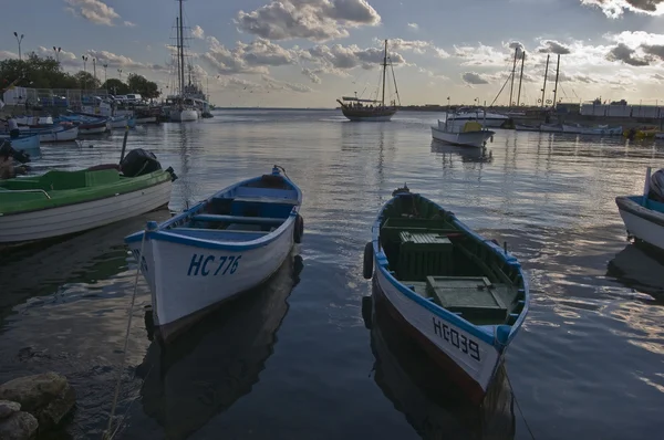 stock image Boats floats in the port of Nesebar on the peaceful Black sea