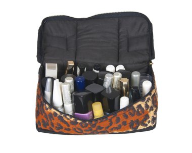 Small bag for women cosmetics full of bottles of nail polishers clipart