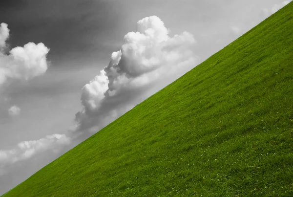 Yeşil çayır ve çapraz olarak fotoğraflandı beyaz bulutlar — Stok fotoğraf
