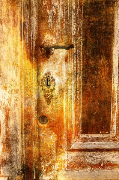 Art grunge background showing old wooden door with iron catch — Stock Photo, Image