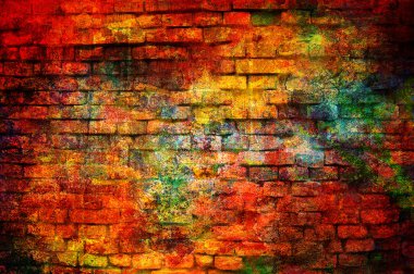 Art grunge brick wall background in red, yellow and orange colors clipart