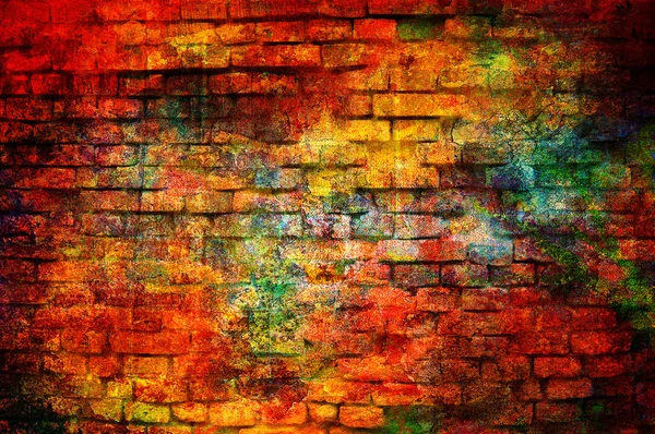 艺术 grunge 砖墙背景在红色、 黄色和橙色的颜色 — 图库照片